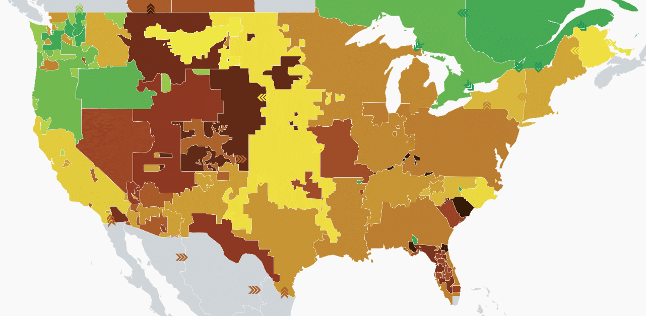 Map of united states, Grid carbon intensity at 6am EST on a spring day