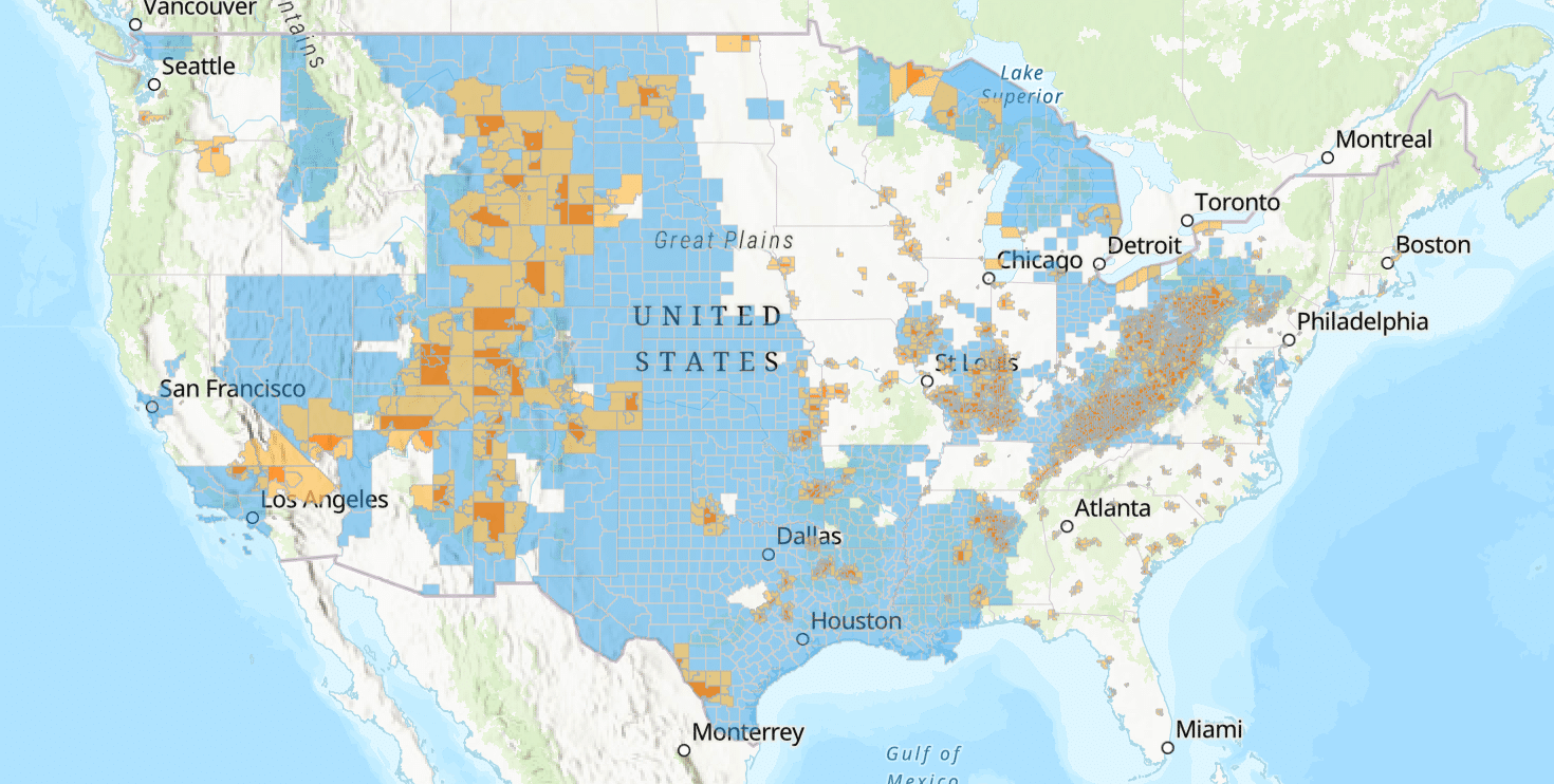 Map of US with counties color-coded, Energy Community tracts