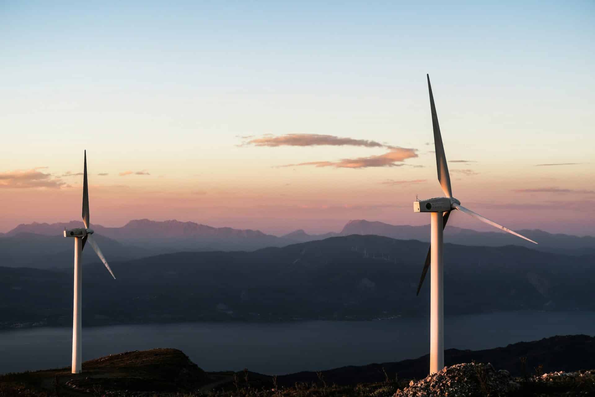 wind turbines at sunset